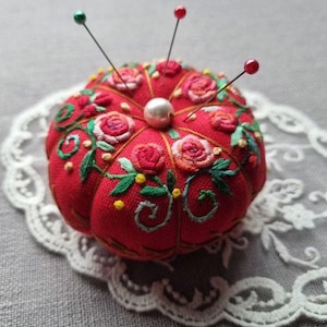 Hand Embroidered Big Pumpkin Pincushion: Floral Red Sewing Needle Holder, Gift for Crafter, Sewing Lover Essentials image 1