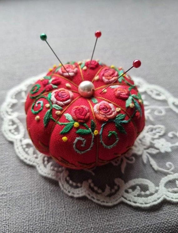 Hand Embroidered Big Pumpkin Pincushion: Floral Red Sewing Needle Holder, Gift for Crafter, Sewing Lover Essentials