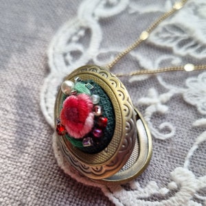 Hand Embroidered Locket Necklace, Antique Bronze Locket Pendant, Floral Necklace, Hand Embroidered Jewellery, Gift for Her, Vintage Necklace