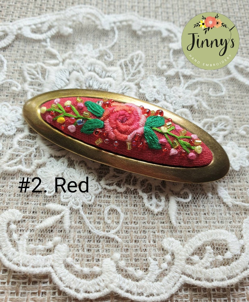 Oval Hairclips, French Barrette Hair Clips, Hand Embroidered Hair Slides, Flower Hair Clip, Vintage Oval hairclips, Hair Clips for Fine Hair image 3