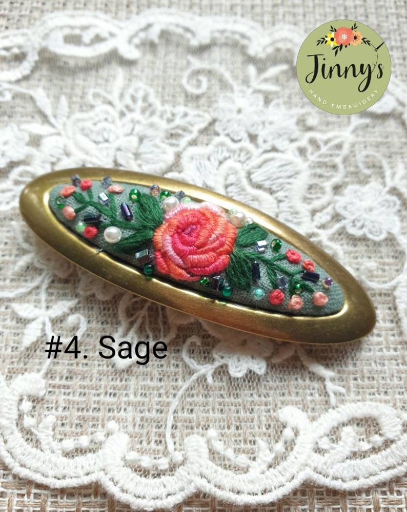 Oval Hairclips, French Barrette Hair Clips, Hand Embroidered Hair Slides, Flower Hair Clip, Vintage Oval hairclips, Hair Clips for Fine Hair image 5