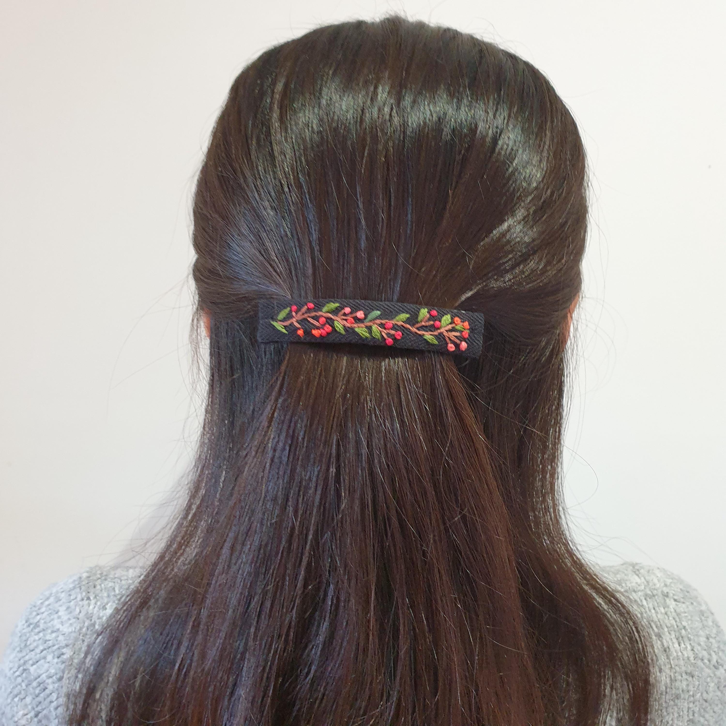 Hand Embroidered Floral Hair Clip – Handmade Barrette Vintage