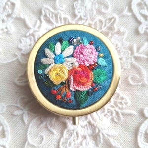 Hand Embroidered Floral Trinket Box: Antique Style Jewelry Storage