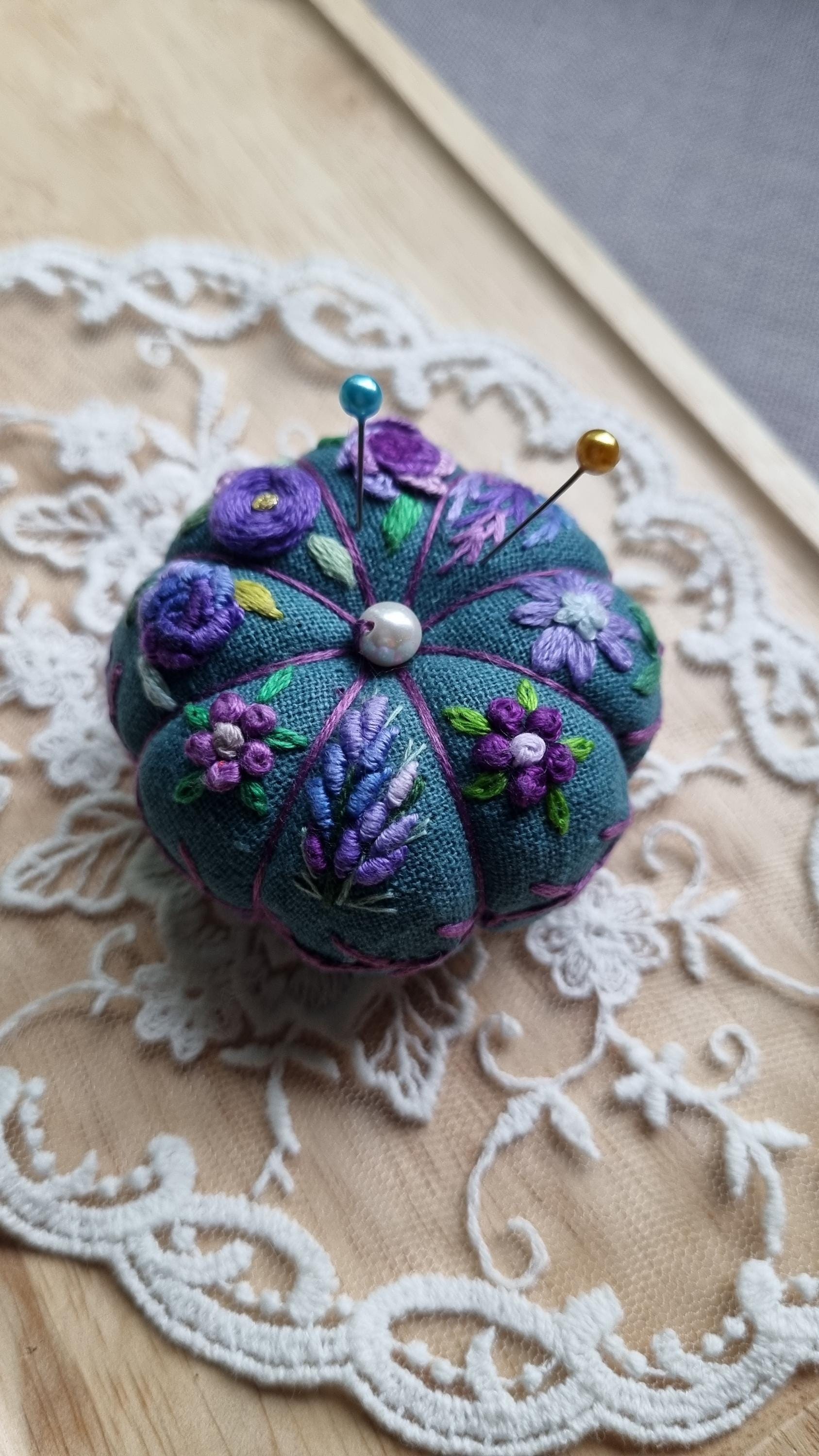 Hand Embroidered Pin Cushion, Small Floral Purple Pumpkin
