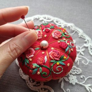 Hand Embroidered Big Pumpkin Pincushion: Floral Red Sewing Needle Holder, Gift for Crafter, Sewing Lover Essentials image 2