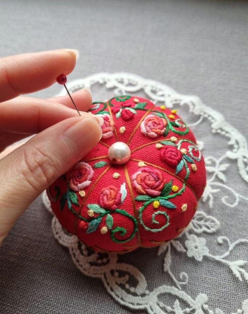 Hand Embroidered Big Pumpkin Pincushion: Floral Red Sewing Needle Holder, Gift for Crafter, Sewing Lover Essentials image 2