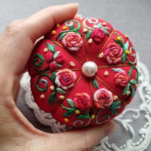 Hand Embroidered Big Pumpkin Pincushion: Floral Red Sewing Needle Holder, Gift for Crafter, Sewing Lover Essentials image 6