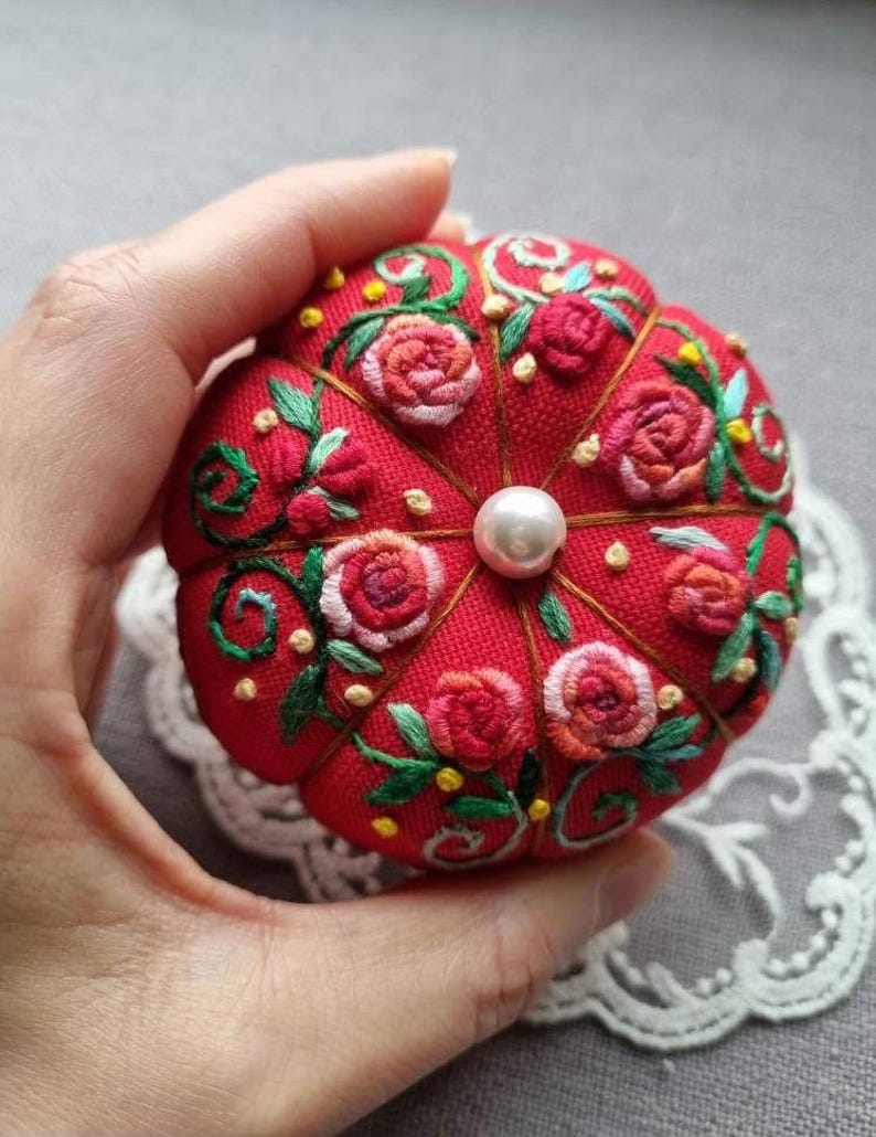 Hand Embroidered Big Pumpkin Pincushion: Floral Red Sewing Needle Holder, Gift for Crafter, Sewing Lover Essentials image 6