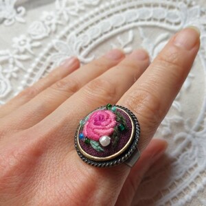 Hand Stitched Vintage Floral Ring, Hand Embroidered Floral Ring, Adjustable Flower Ring, Handmade Jewellery, Embroidered Round Ring image 5