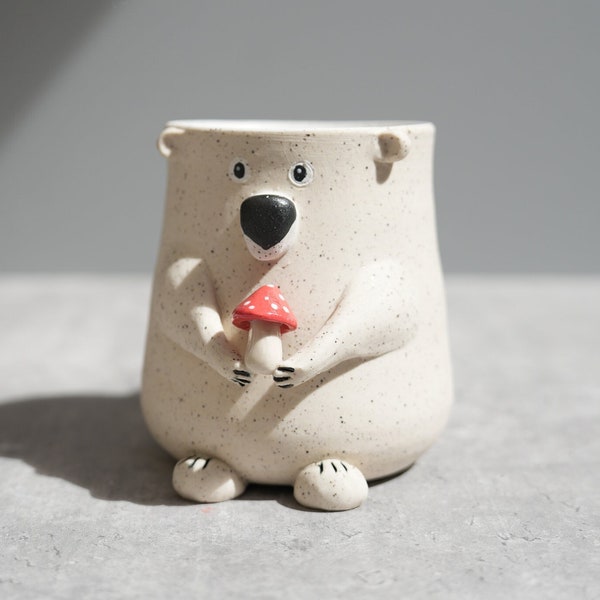 Preorder Bear Mug / Amanita Mushroom Bear Ceramic Handmade Mug / Cute Bear Mug / Bear Gift /Mushroom Mug / Bear Holding Mushroom