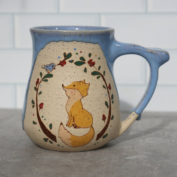Preorder Fox Mug /Blue Glaze Fox and Bird Ceramic Handmade Mug / Cute Fox Mug / Fox Gift / Blue Fox