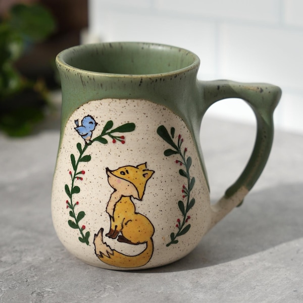 Handmade Charming Fox And Bird Mug: Green Glaze Ceramic Mug