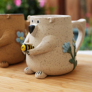 Ships Now - Bear Mug / Polar Bear with Bee Friend Ceramic Handmade Mug / Cute Bear Mug / Bee Mug / Bear Gift / Bee Gift