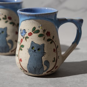 Cat Mug / Cat and Bird Ceramic Handmade Mug / Cat  Gift / Cute Cat Mug