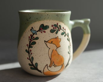 Preorder -  Fox Mug / Green Glaze Fox and Bird Ceramic Handmade Mug / Cute Fox Mug / Fox Gift