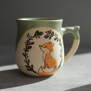 Preorder -  Fox Mug / Green Glaze Fox and Bird Ceramic Handmade Mug / Cute Fox Mug / Fox Gift