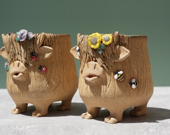 Ships Now- Highland Cow Planter or Bowl/ Cow Ceramic Pot/ Highland Cow with Bees and Ladybugs