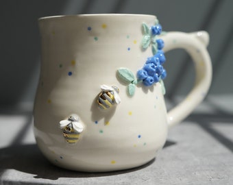 Preorder Bees and Blueberries Mug / Handmade Bee Mug / Golden Bee Mug