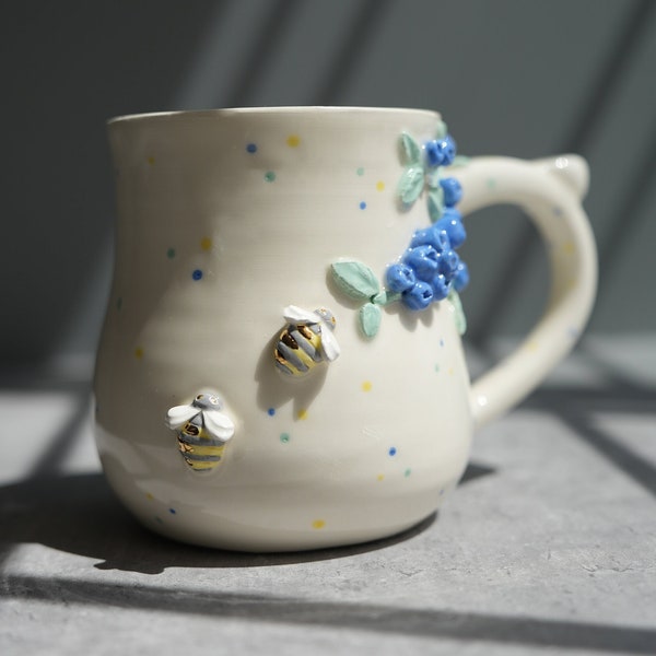 Preorder Bees and Blueberries Mug / Handmade Bee Mug / Golden Bee Mug