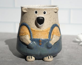 Preorder- Bear Mug / Bar In OverallsCeramic Handmade Mug / Cute Bear Mug / Bear Gift