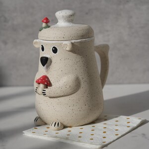 Preorder Bear Mug With Optional Lid / Amanita Mushroom Bear Ceramic Handmade Mug / Cute Bear Mug / Bear Gift /Mushroom Mug