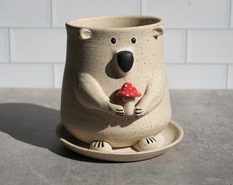 Preorder Mushroom Bear Planter with Drainage Hole and Saucer Dish / Bear With Toadstool Planter / Bear Gift