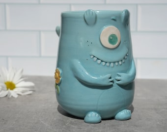 Ships Now - Choose Your Color Cute Monster Mug / Flower Monster Blue Ceramic Handmade Mug