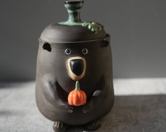 Ships Now -  Bear Jar with Pumpkin Spice Candle / Pumpkin Autumn Bear Ceramic Handmade Jar / Cute Bear Jar / Bear Gift /Bear with Pumpkin