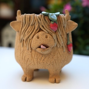 Preorder- Highland Cow Mug/ Cow Ceramic Pot/Ceramic Highland Cow with Strawberries