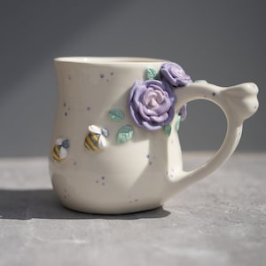 Preorder Golden Bees and Roses Mug / Handmade Bee Mug / Pastel Rose Mug