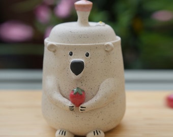 Ships Now -  Bear Jar filled with Strawberry Scented Candle / Strawberry Bear Ceramic Handmade Jar / Bear Gift /Bear with Strawberry
