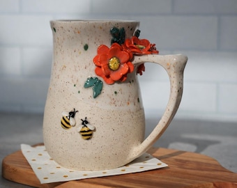Preorder Handmade Bees and Poppies Mug, Sculpted Porcelain, Cheerful Confetti Glaze