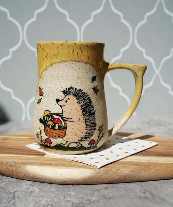 Ships Now Hedgehog With Mushrooms Mug: Sunflower Glaze Stoneware Cup