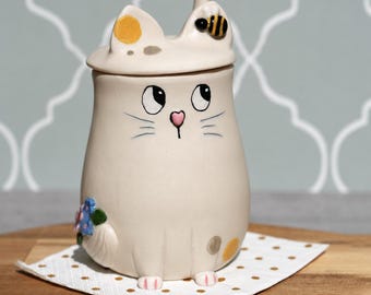 Calico Cat and Bee Honey Pot with Spoon Paw: Handmade Ceramic Sugar Bowl