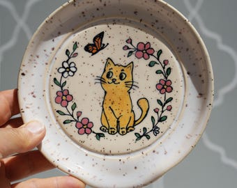 Handmade Ceramic Cat and Butterfly Spoon Rest: Whimsical Farmhouse Kitchen Decor