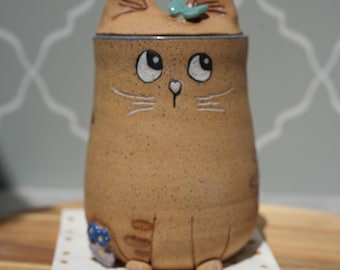 Handmade Cat And Butterfly Mug With Lid: Buff Stoneware With Blue Glaze