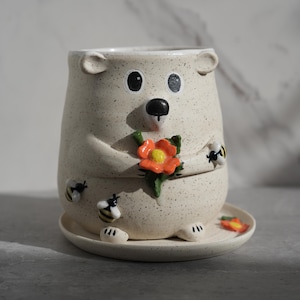 Preorder Bear With Poppies and Bees Stoneware Planter with Drainage Saucer