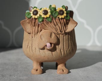 Handmade Highland Cow With Sunflowers Ceramic Mug