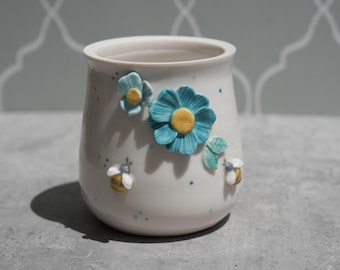 Daisies and Bees Cup: Ceramic Succulent Planter or Bud Vase