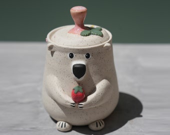 Ships Now -  Bear Jar / Strawberry Bear Ceramic Handmade Jar / Cute Bear Jar / Bear Gift /Bear with Strawberry