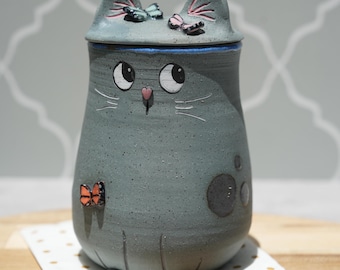 Handmade Cat And Butterfly Mug With Lid: Grey Stoneware With Blue Glaze