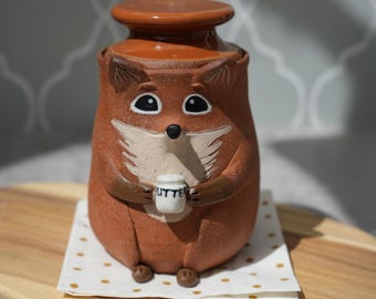 Handmade Fox Butter Crock: Stoneware French Butter Keeper