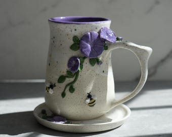 Preorder Handmade Morning Glory and Bee Mug: Sculpted Stoneware Coffee Cup