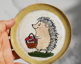 Ceramic Hedgehog and Mushrooms Spoon Rest: Whimsical Handmade Farmhouse Kitchen Decor