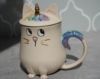 Unicat Lidded Mug: Handmade Ceramic Unicorn Cat Cup with Rainbow Tail Gold Accents