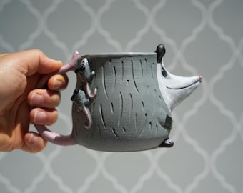 Handmade Opossum Mama and Babies Mug: Whimsical Stoneware Cup