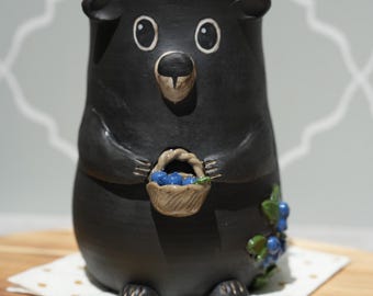 Handmade Ceramic Bear With Blueberries Mug: Stoneware Cottagecore Cup