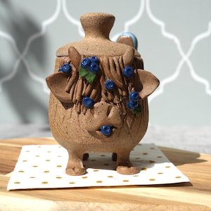 Salero de cerámica hecho a mano con forma de vaca de las Tierras Altas y arándanos (Whimsical Salt Pinch Pot)
