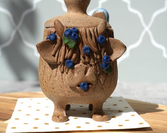 Preorder Handmade Ceramic Highland Cow With Blueberries Salt Cellar - Whimsical Salt Pinch Pot