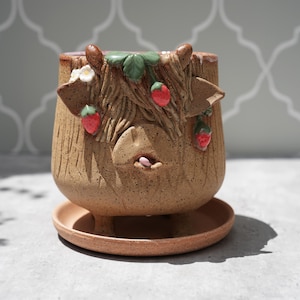 Sale - Highland Cow  Planter &quot;Seconds&quot; - Shape Imperfection/ Strawberry Cow Ceramic Pot/Ceramic Highland Cow with Strawberries